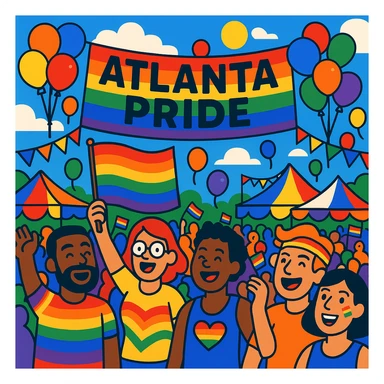 Cartoon-style Atlanta Pride festival with festive decorations, balloons, and happy crowds sticker