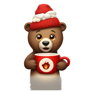Bear in a red hat holding a cup of hot cocoa with marshmallows sticker