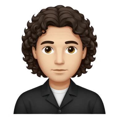 He’s a man with light to medium skin, a defined oval face, full brows, deep-set eyes, and voluminous wavy to curly dark brown hair styled with height. expression calm and focused relaxed black open-collar shirt.polished, articulate, and professional vibe. sticker