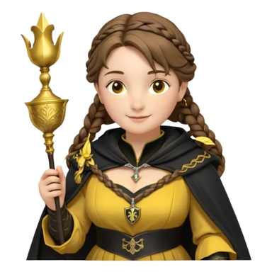 Helga Hufflepuff,the Hogwarts founder of Hufflepuff,brown-haired,2braids,yellow-black medieval dress with black cloak decorated with gold braiding,flickering magic wand and tiny two-handled shiny gold cup engraved with the badger silhouette,very kind smile,curvy busty sweet sticker