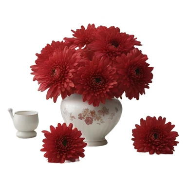 A Victorian oil painting of red chrysanthemums in a delicate porcelain vase on a lace-covered table. sticker