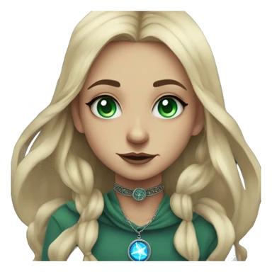 blonde witch girl with green eyes and straight hair with a birthmark above her upper lip wearing a necklace in a form of pentacle with a small blue stone inside doing tarot spread  sticker