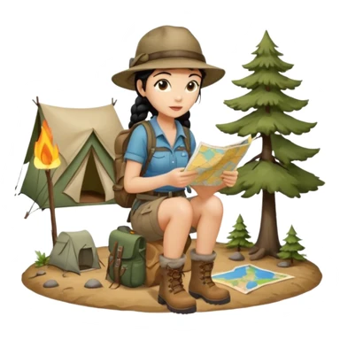 A braid black hair backpacking woman checking her map with curious eyes while walking wear camping hat and dirt covered boots full body sticker