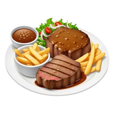big juicy australian steak meal featuring chips, small salad in a ramiken and gravy  sticker