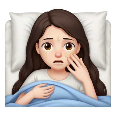 girl with long dark brown hair brown eyes and pale skin with acne crying in bed tired sick sticker
