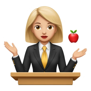 woman giving a speech at a podium, business attire, apple emoji style sticker