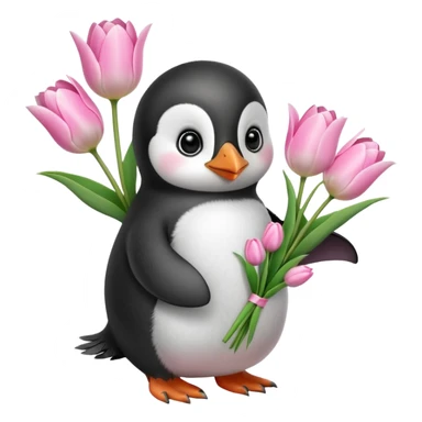 Cute baby penguin holding flower bouquet wraped in white paper and all flowers tulips in pink colour sticker