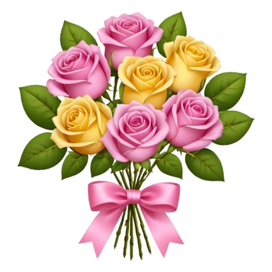 A bouquet of flowers, composed of pink and yellow roses, four blooms in total, tied with ribbon. sticker