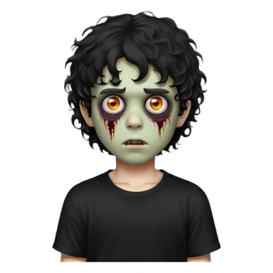 Boy, zombie, black curly wavy hair, medium hair, emo, round shaped hair, dark hair, spooky, creepy expression, fringe in the eyebrows height, with Black t-shirt  sticker
