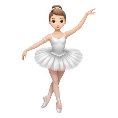 A ballerina dancing with point shoes and in a white tutu with a ribbon on her waist, she has a slick bun and a great posture sticker