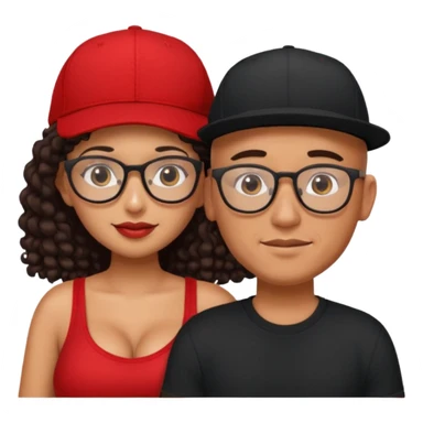 A picture of an embracing tanned couple. the man is a Mexican man with tanned skin, with a bald hair cut wearing a red SnapBack hat and wearing a black shirt. the woman is mixed, with glasses,  with long curly dark brown hair and with big boobs.  sticker