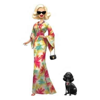 1960’s Palm Beach Breeze Barbie, teen Morticia Addams ,by the pool, white skin, full body visible, wavy hair,handbag, aloof,eyeshadow,earrings,open flowing floral caftan,small 2 piece, sunglasses on forehead,heels,walking Miss Thang sticker