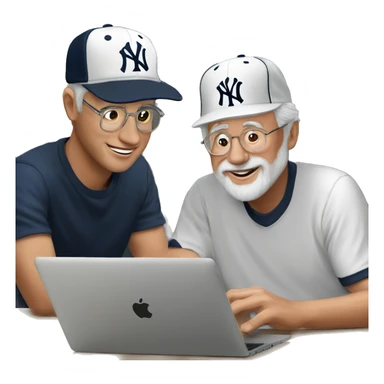 Young man with New York yankees hat helping old man with a Belgium hat to use artificial intelligence on a MacBook  computer sticker