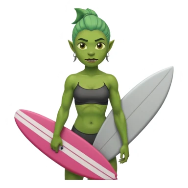 orc female holds a little surfboard with a shark painted vertically in his hands sticker