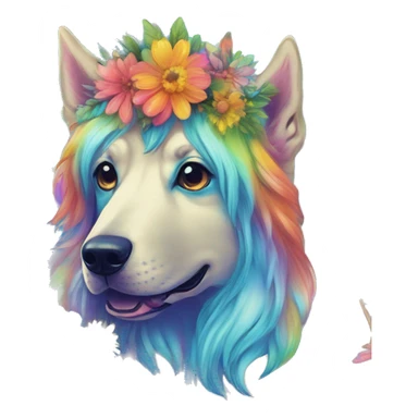 Multicolored rainbow retro groovy tie dye hippie trippy floral patterns on a metallic holographic iridescent blue dog face head unicorn sticker
