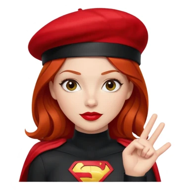 Uma ruiva feliz com batom vermelho com roupa vermelha tipo heroína, com uma boina preta, e uma cara mais “seria” fazendo pose com a mão. sticker