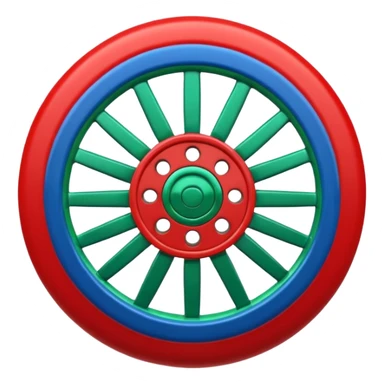 Glossy 3D emoji, blue top, green bottom, large red spoked wheel in center. Geometric symbol, no face. sticker