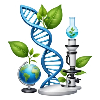 An icon featuring a DNA helix, a microscope, and a plant leaf, symbolizing biology. The design includes animal cells, a test tube, and a globe, representing the study of life forms, ecosystems, and genetics. Transparent background highlights the exploration of living organisms. sticker