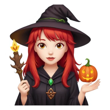 a witchy girl with long red hair and bangs holding a lucky sign sticker