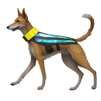  brindle brown black maroon striped lurcher Alsatian fox running blue eyes and iridescent holographic oilslick harness wearing paper iridescent tropical flower crown yellow caution tape sticker