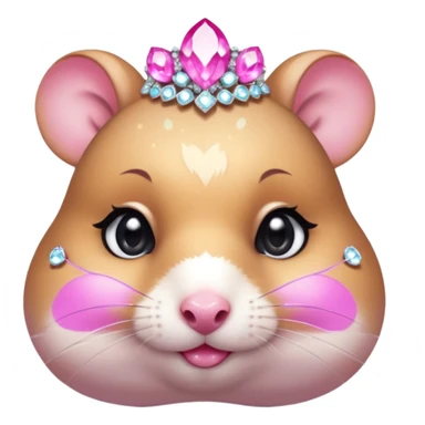 glamorous hamster portrait, head and shoulders only, exaggerated pink makeup, bright eyeshadow, long eyelashes, shiny blush cheeks, sparkling face gems, glitter accents, elegant earrings, fantasy beauty style, cute 3D cartoon, mobile game icon style, clean background, no text, no watermark
 sticker