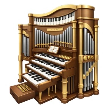 Create an elegant and majestic emoji representing a classical organ. The emoji should feature the grand pipes of the organ in the background, with visible details of the keys and pedalboard in the foreground. The pipes should be tall and impressive, with a mixture of gold, silver, and metallic shades to emphasize the grandeur of the instrument. The keyboard and pedals should be well-defined, capturing the intricate craftsmanship of the organ. Use dark wood tones and gold accents for the body of the instrument to give it a rich, historic feel. Add subtle musical notes around the organ to evoke its deep, resonant sound. The background should be transparent. sticker