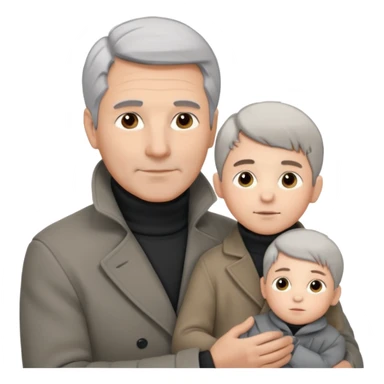 A father with silver-grey hair styled neatly and a clean-shaven face, wearing a dark turtleneck and wool coat, holding his child gently. The child has light brown hair and a soft white jacket. Warm cinematic lighting, emotional close-up. sticker
