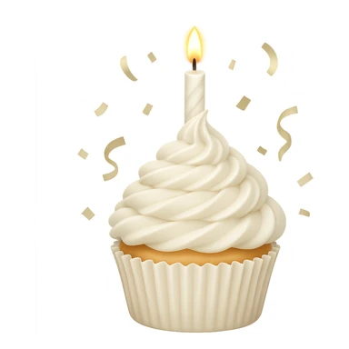 Make this a birthday cupcake with a candle and confetti, keeping the white color and apple emoji style. Remove the background. sticker