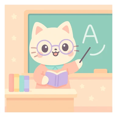 cute cat teacher standing in front of a blackboard in a classroom, teaching, with books and blackboard in the background, bright and warm atmosphere sticker