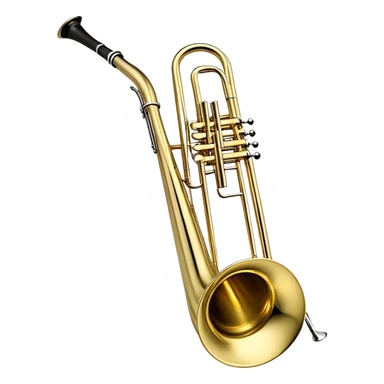 Create a sleek and professional emoji representing the Brahner TB-420 Bb/F tenor trombone. The design should feature the smooth, shiny brass body of the trombone with its distinct curved tubing and large bell. Highlight the tuning slide and the mouthpiece at the top of the instrument. The brass finish should be polished and reflective, with silver accents on the mouthpiece and tuning slide. Add subtle musical notes or soundwaves floating around the trombone to evoke its bold, brassy sound. Use golden and brass tones for the trombone with light reflections to emphasize its high-quality craftsmanship. The background should be transparent. sticker