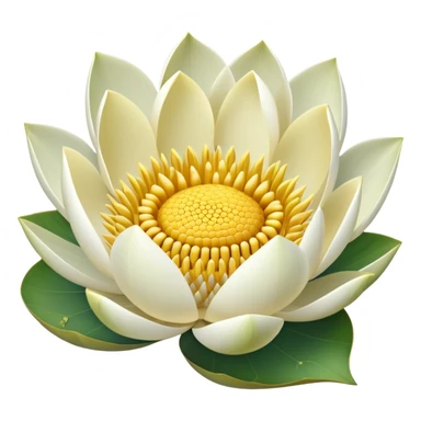 White lotus flower with botanically accurate yellow seedpod center showing honeycomb-like pattern of seed chambers, surrounded by white petals and accurate notched lotus leaf sticker
