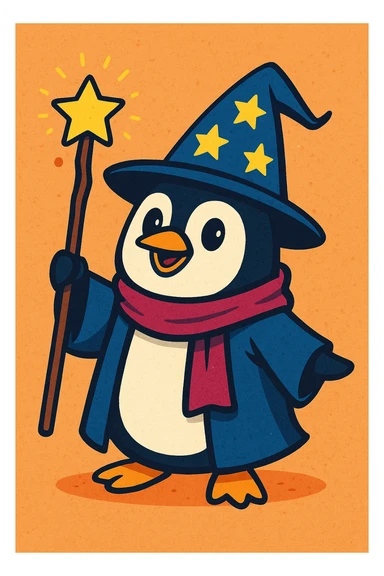 a penguin dressed as a wizard, with a pointy hat and a magic staff, fun whimsical style, vibrant toon style sticker