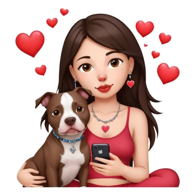 Young girl was long, dark brown hair sits with her dog who is a pretty girl pitbull with her cell phone in her hand in a small septum ring in her nose was hearts flying all around her sticker