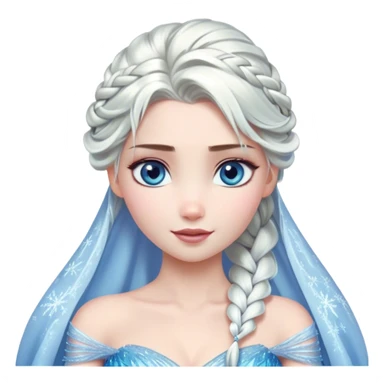 Cinematic Stunning Elsa Portrait Emoji, Ice-blue gown shimmering, platinum hair flowing in a graceful braid, piercing blue eyes glowing with icy magic, an aura of regal power and breathtaking beauty, frozen elegance at its finest! sticker