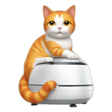 fat white and orange cat sitting on top of white robot vacuum sticker