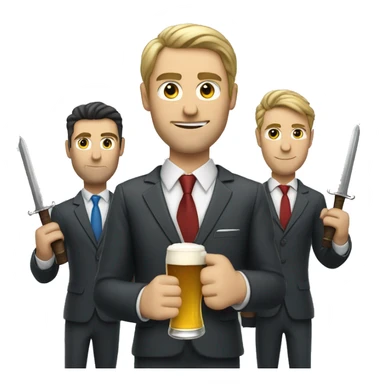 Three Caucasian men in suits with slick hair holding a beer and a sword sticker