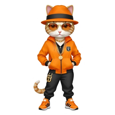 female cat wearing Run DMC hip-hop outfit with tracksuit, fedora, Adidas sneakers, dark sunglasses, many gold chains, upright pose sticker