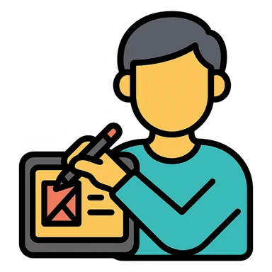 web designer as a color outline icon, with a person sketching website layouts on a digital tablet sticker