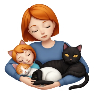 Ginger Girl short hair sleeping with two cats a black and a whole white bigger cat  sticker