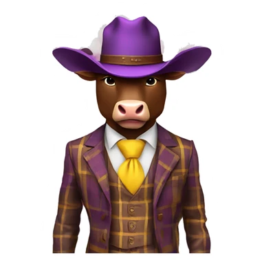 Brown bull with horns standing wearing brown cowboy hat 3 piece purple plaid suit with yellow tie and brown shoes  sticker