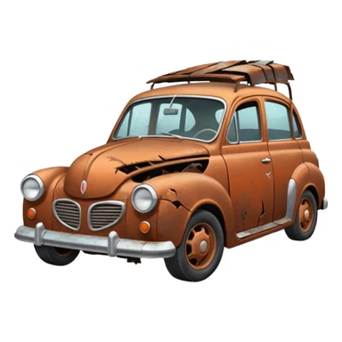 Side view of a broken-down old car with steam from the bonnet, shattered windows, rusted doors, a flat tire, dents, peeling paint, and a grimy, neglected look. sticker