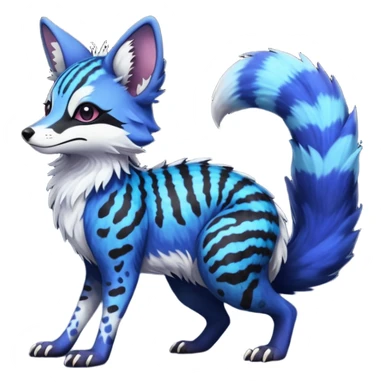 Feral chubby floofy fluffy puffy furry Rare Fantasy vibrant dark shady shaded detailed deep-dark-cobalt-blue-gradients-colored colorful Vernid-Sergal-Genet-Trico-Fox-species by LiLaiRa, with dark-blackish points, white belly, random markings, tufted tail, tufted ears, full body sticker