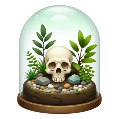 A terrarium glass dome with an animal skull inside, shiny pebbles and crystal inside. And plants inside  sticker
