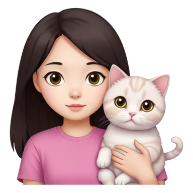This Chinese girl's got fair skin and big black eyes. She's got long dark brown hair and she's wearing a pink t-shirt. She's holding a white Scottish Fold cat. sticker