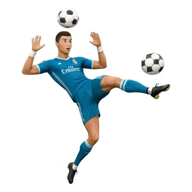 Ronaldo doing a bicycle kick with football in mid air While wearing a Retro blue Real madrid kit and yes i want it to be exactly the same as he Scored it in 2018 vs Juventus  sticker