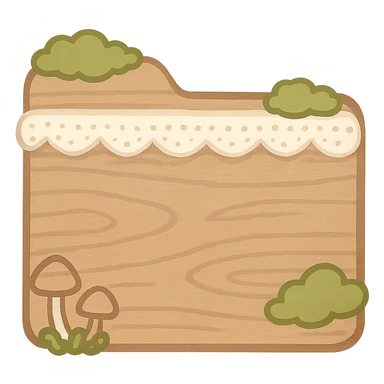 Create a folder icon in the exact same cottagecore style as the referenced PC icon. Use soft earthy tones, moss, tiny mushrooms, delicate lace, and rustic wooden texture. The icon should have no words or text and a transparent background. Match the cozy, natural, and detailed aesthetic of the cottagecore style shown in the reference. sticker