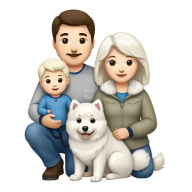 A family portrait in Apple iOS emoji style, featuring a dad, a mom, a 2-year-old baby boy, a fluffy white Samoyed dog, and a large Alaskan Malamute. All characters are smiling and standing close together in a warm, happy scene. sticker