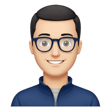 Fair-skinned man with extremely short black hair (very close buzz cut), short salt and pepper beard, large black-framed glasses, smiling, wearing navy blue long sleeve zip sweatshirt sticker