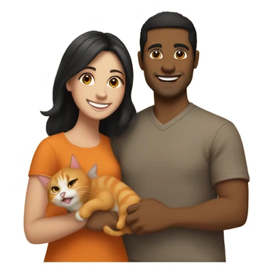 a happy light-brown woman with black hair and a happy brown man with brown hair are friends and holding an orange cat sticker
