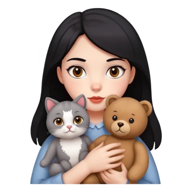 A girl with drak eyes, red cheeks, black hair with a white face, holding a British gray cat and a brown teddy bear sticker